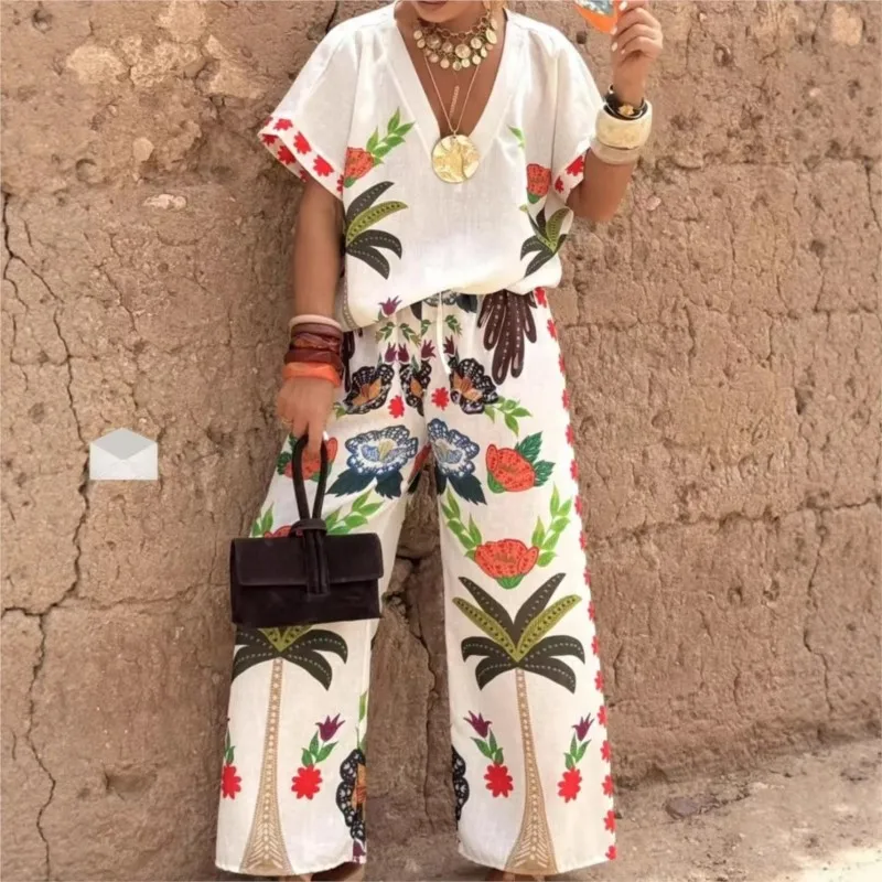 Summer New Women's Two Piece Set Boho Casual Loose V-neck Short-sleeve Print Linen Wide-leg Trousers Suit Vacation Outfit Women
Summer New Women's Two Piece Set Boho Casual Loose V-neck Short-sleeve Print Linen Wide-leg Trousers Suit Vacation Outfit Women