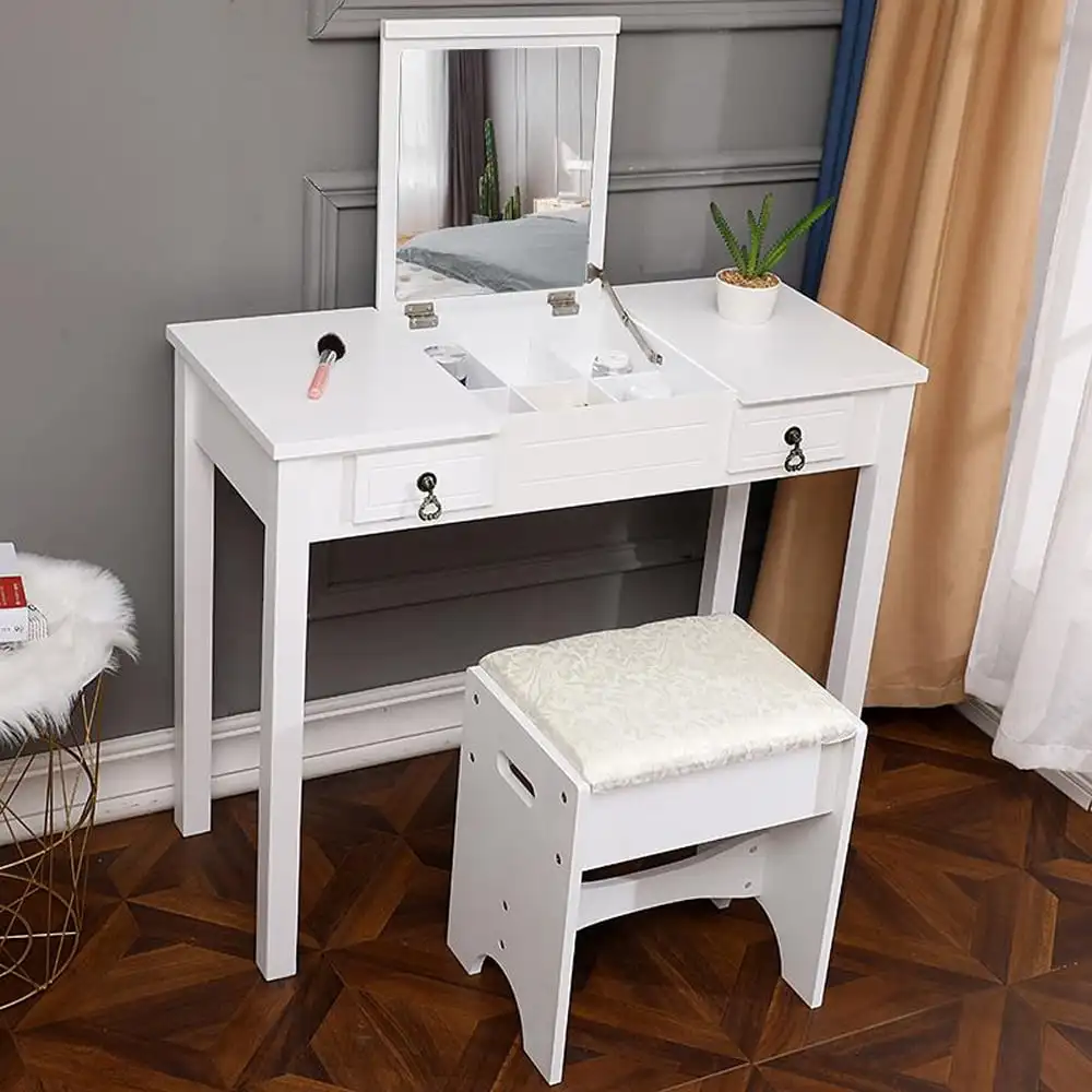 Vanity Set,Flip-top Mirror Dressing Table Makeup Vanity Table Writing Desk with 2 Drawers and Stool, White
Vanity Set,Flip-top Mirror Dressing Table Makeup Vanity Table Writing Desk with 2 Drawers and Stool, White