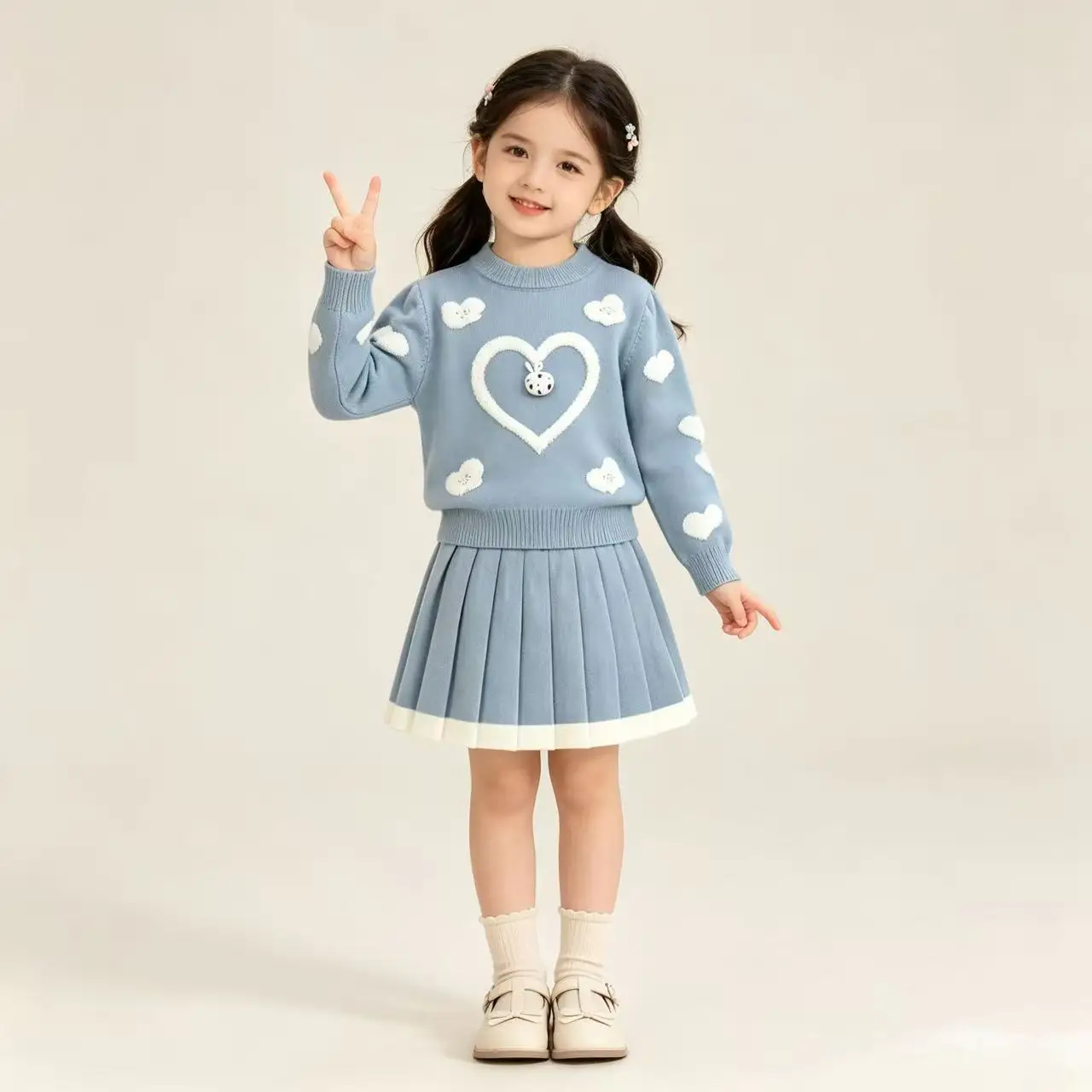 Korean Style College Style Girls' Clothing Autumn/Winter Fashion Love Print Knitted Sweater Top + Pleated Skirt Children's Sets
Korean Style College Style Girls' Clothing Autumn/Winter Fashion Love Print Knitted Sweater Top + Pleated Skirt Children's Sets