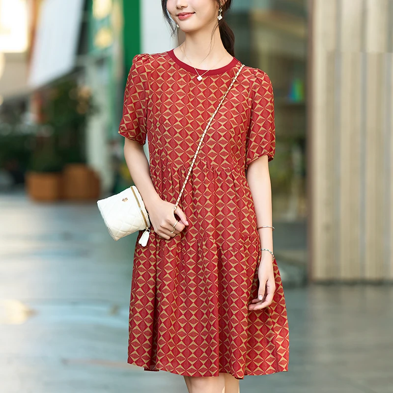 New 2026 Summer Dresses for Women O-neck Short Sleeve Women's Vintage Print Dress A-line 100% Real Silk Woman Casual Dress
New 2026 Summer Dresses for Women O-neck Short Sleeve Women's Vintage Print Dress A-line 100% Real Silk Woman Casual Dress