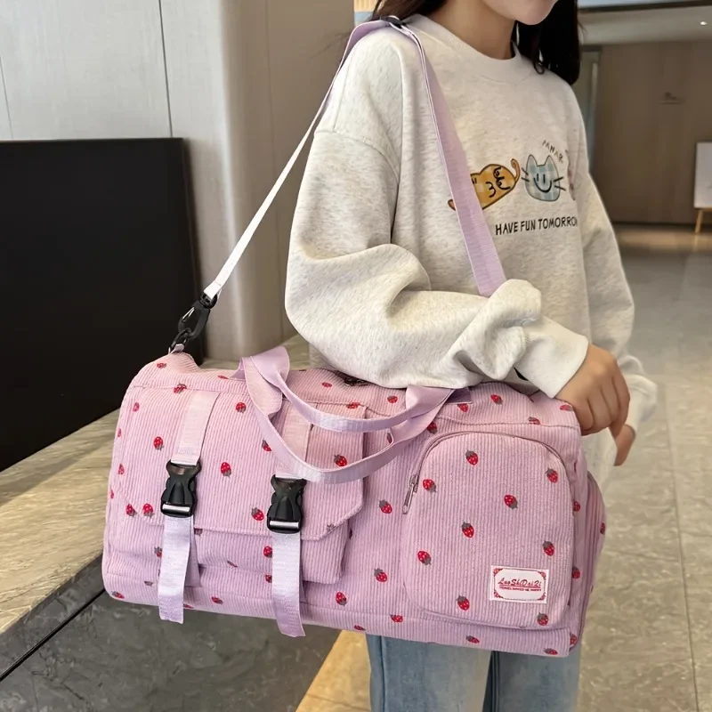 Large Capacity Travel Duffel Bag with Strawberry Pattern, Wet/Dry Separation, Independent Shoe Compartment & Multiple Pockets 
Large Capacity Travel Duffel Bag with Strawberry Pattern, Wet/Dry Separation, Independent Shoe Compartment & Multiple Pockets