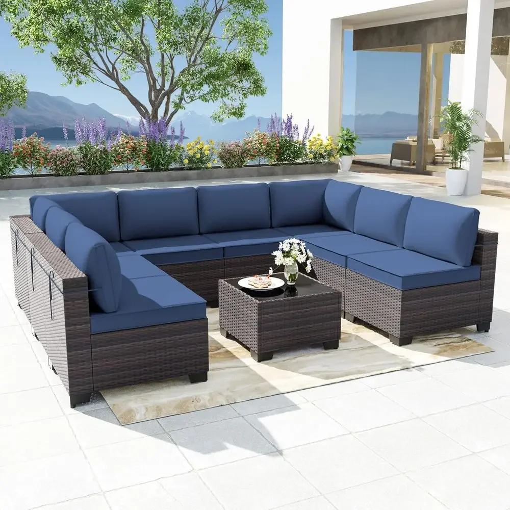 9-Piece Outdoor Patio Furniture Set with Rattan Wicker and Navy Blue Cushions & Glass Coffee Table
9-Piece Outdoor Patio Furniture Set with Rattan Wicker and Navy Blue Cushions & Glass Coffee Table