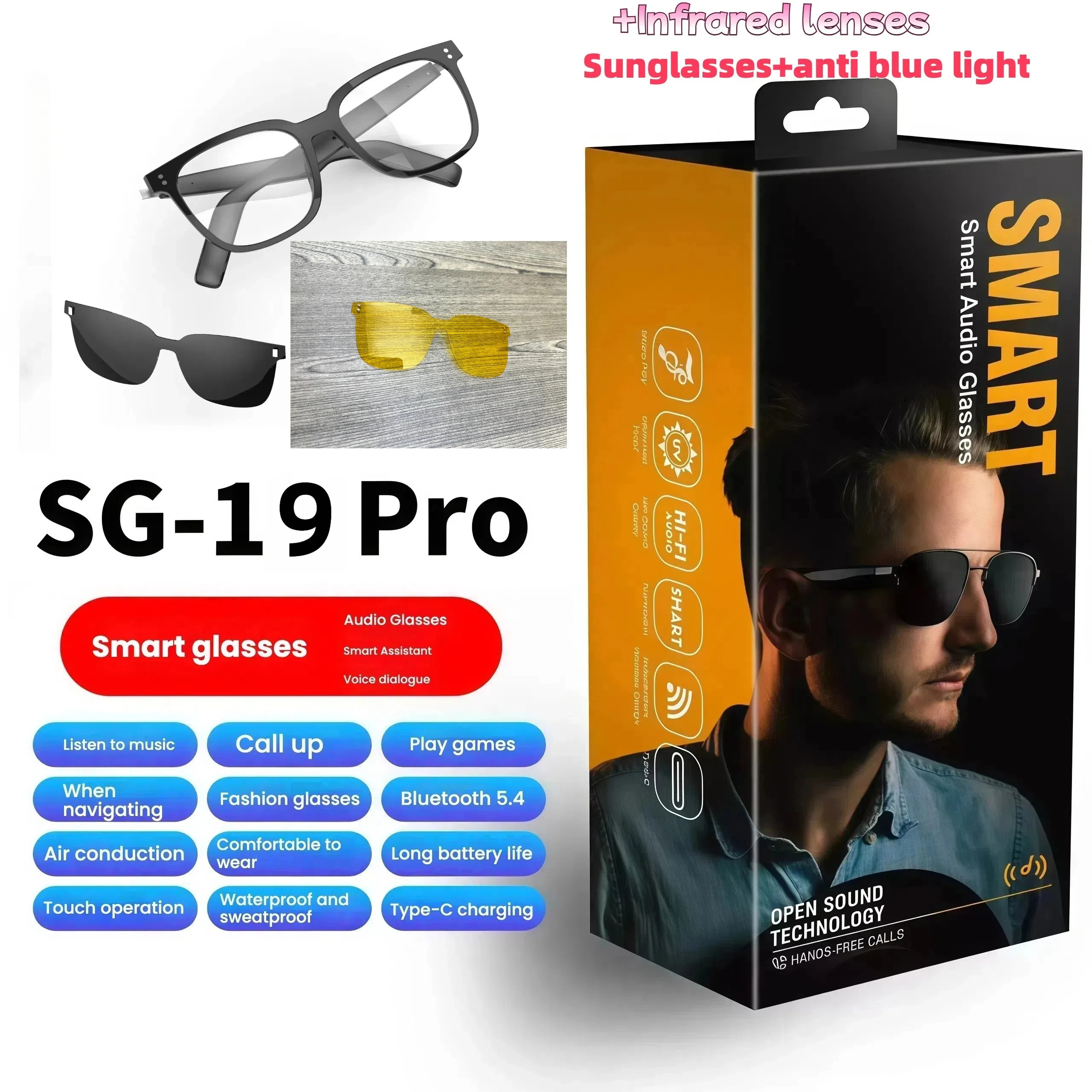 SG-19 Pro All-in-One Sunglasses Clear Lenses Combo with Bluetooth Waterproof Dual Mic Noise Cancellation Smart Glasses 80+80mAh
SG-19 Pro All-in-One Sunglasses Clear Lenses Combo with Bluetooth Waterproof Dual Mic Noise Cancellation Smart Glasses 80+80mAh