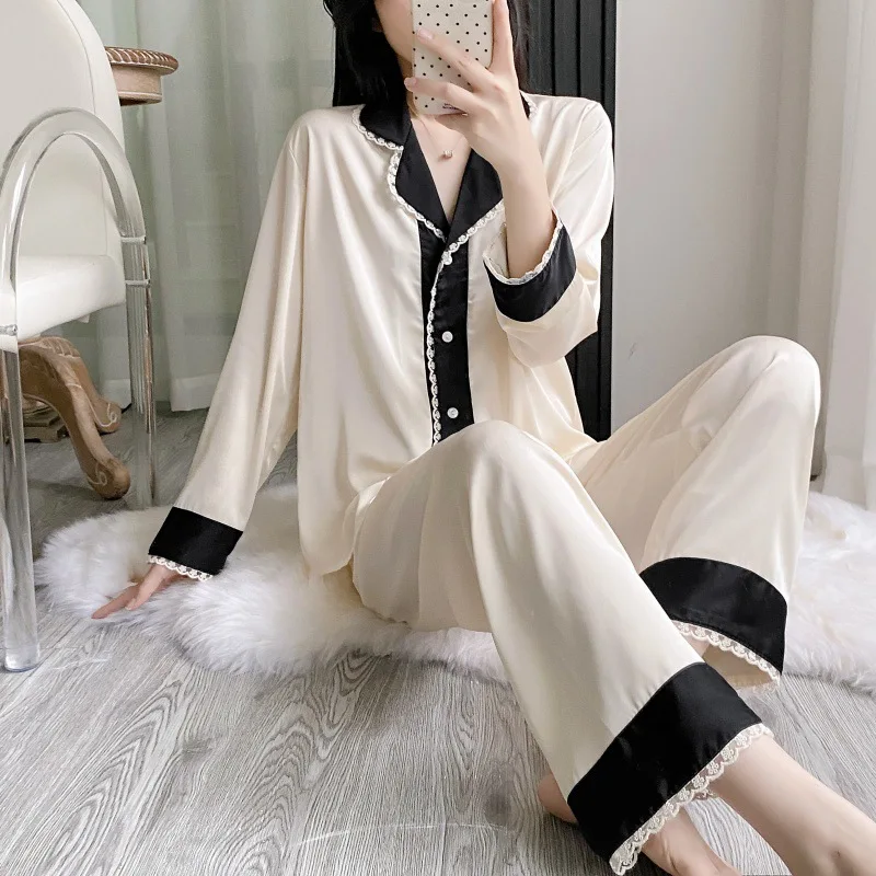 Silky Rayon Long Sleeve Pajamas Trouser Suits Lace Sleepwear Lounge Wear Spring Autumn New Nightwear Loose Homewear
Silky Rayon Long Sleeve Pajamas Trouser Suits Lace Sleepwear Lounge Wear Spring Autumn New Nightwear Loose Homewear
