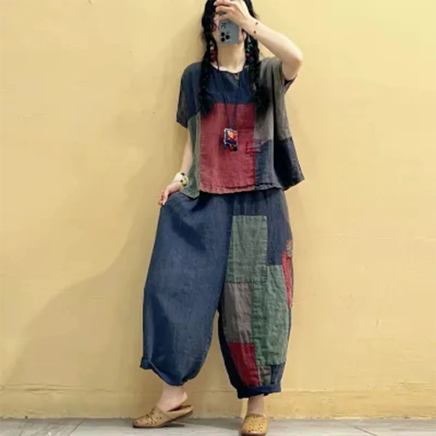 2026 New Cross Border Women's Vintage Distressed Linen 2 Piece Set Color Block Patchwork Short Sleeve Top & Casual Lantern Pants
2026 New Cross Border Women's Vintage Distressed Linen 2 Piece Set Color Block Patchwork Short Sleeve Top & Casual Lantern Pants
