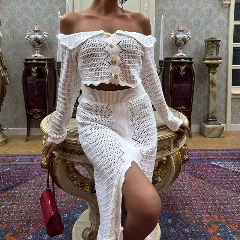 New Beach Holiday Knitted Two Piece Set Ruffle Off Shoulder Long Sleeved Women's Suit Fashion Hollow Out Slim Split Skirt Outfit
New Beach Holiday Knitted Two Piece Set Ruffle Off Shoulder Long Sleeved Women's Suit Fashion Hollow Out Slim Split Skirt Outfit
