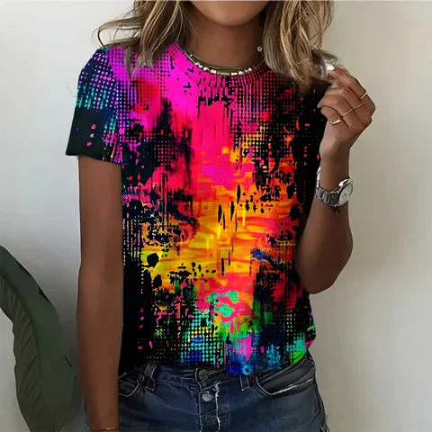 Abstrakcyjne graffiti Efekt kapania Neonowa koszulka damska Styl uliczny Moda codzienna Wygodna czarna koszulka z krótkim rękawem