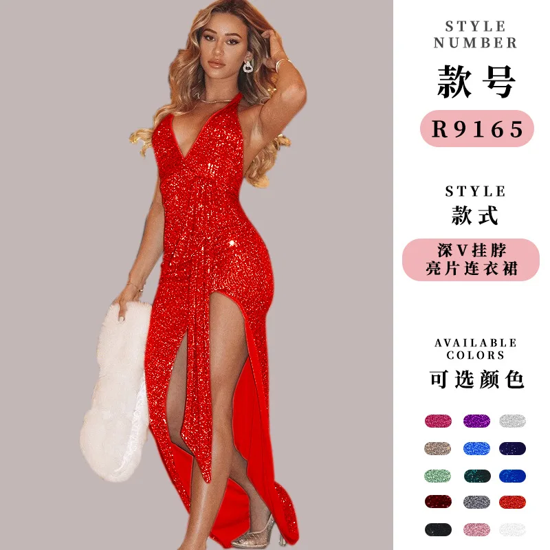 Sexy Halter Dress with Sashes Sparkly Party Maxi Dress Women Glitter Jumpsuit Elegant Evening Dresses
Sexy Halter Dress with Sashes Sparkly Party Maxi Dress Women Glitter Jumpsuit Elegant Evening Dresses