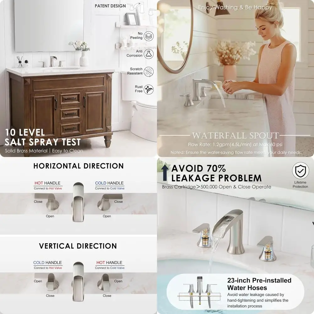 3-Hole Brushed Nickel Waterfall Faucet, 4-8 Widespread for Bathroom Sink, Includes Drain & Supply Hose, Brass, Easy Install
3-Hole Brushed Nickel Waterfall Faucet, 4-8 Widespread for Bathroom Sink, Includes Drain & Supply Hose, Brass, Easy Install