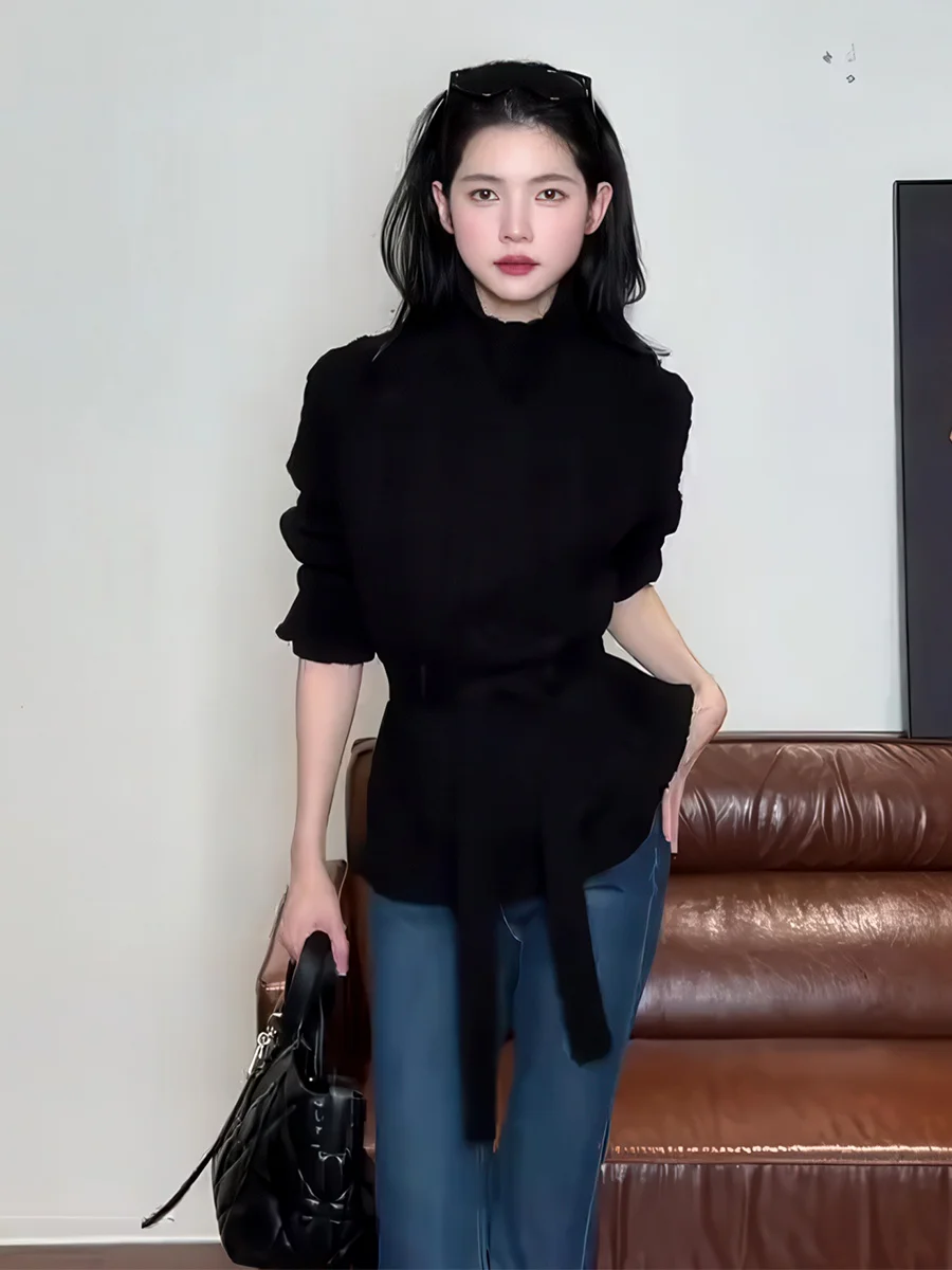 Черный вязаный свитер с высоким воротником для женщин, с поясом, облегающий, базовый слой, осень-зима, новинка, стильный и элегантный, очень красивый
Черный вязаный свитер с высоким воротником для женщин, с поясом, облегающий, базовый слой, осень-зима, новинка, стильный и элегантный, очень красивый