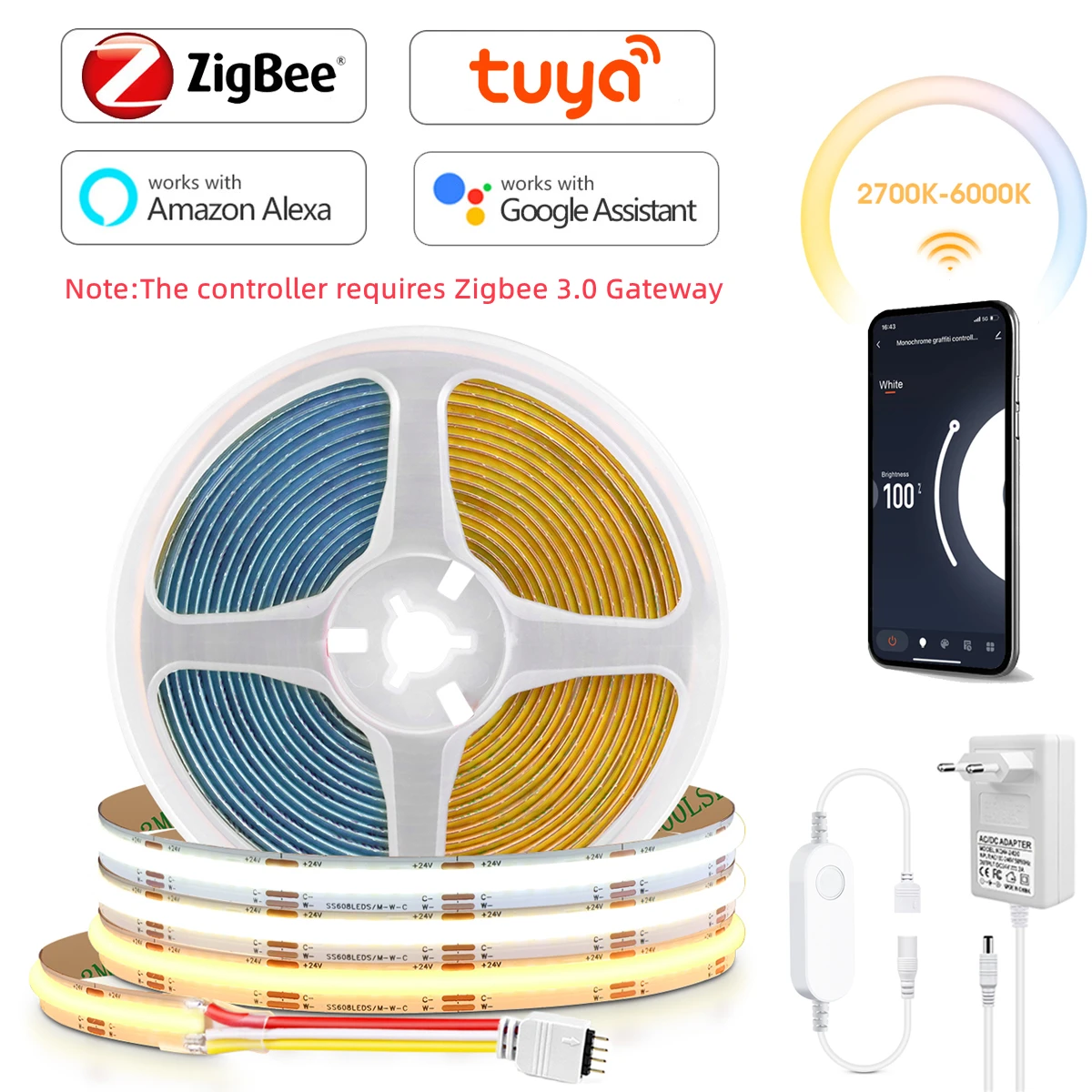 Flexible CCT COB Strip Light 24V Tuya Zigbee Smart Home Voice Control Dimmable High Density 608LEDs/M,Need Zigbee3.0 Hub Gateway
Flexible CCT COB Strip Light 24V Tuya Zigbee Smart Home Voice Control Dimmable High Density 608LEDs/M,Need Zigbee3.0 Hub Gateway