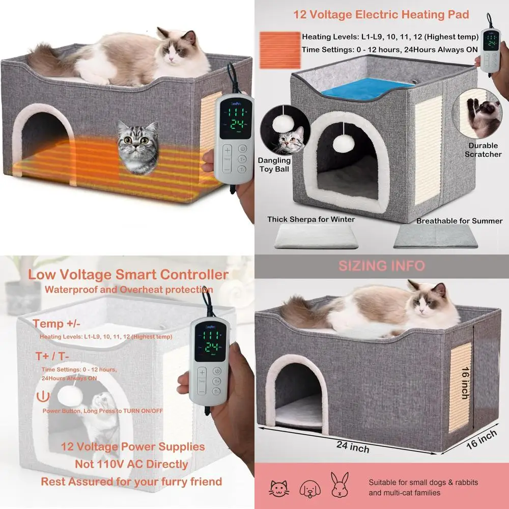 Indoor Heated Cat Bed with 12V Pad, Foldable Scratching Post & Warm Cave, 24x16x15
Indoor Heated Cat Bed with 12V Pad, Foldable Scratching Post & Warm Cave, 24x16x15
