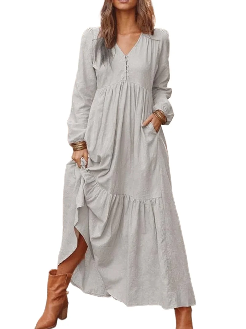 Spring 2025 Cotton Linen Long Maxi Dresses Women Long Sleeve V-neck Pockets Dress Elegant Solid Loose Casual Big Swing Dress
Spring 2025 Cotton Linen Long Maxi Dresses Women Long Sleeve V-neck Pockets Dress Elegant Solid Loose Casual Big Swing Dress