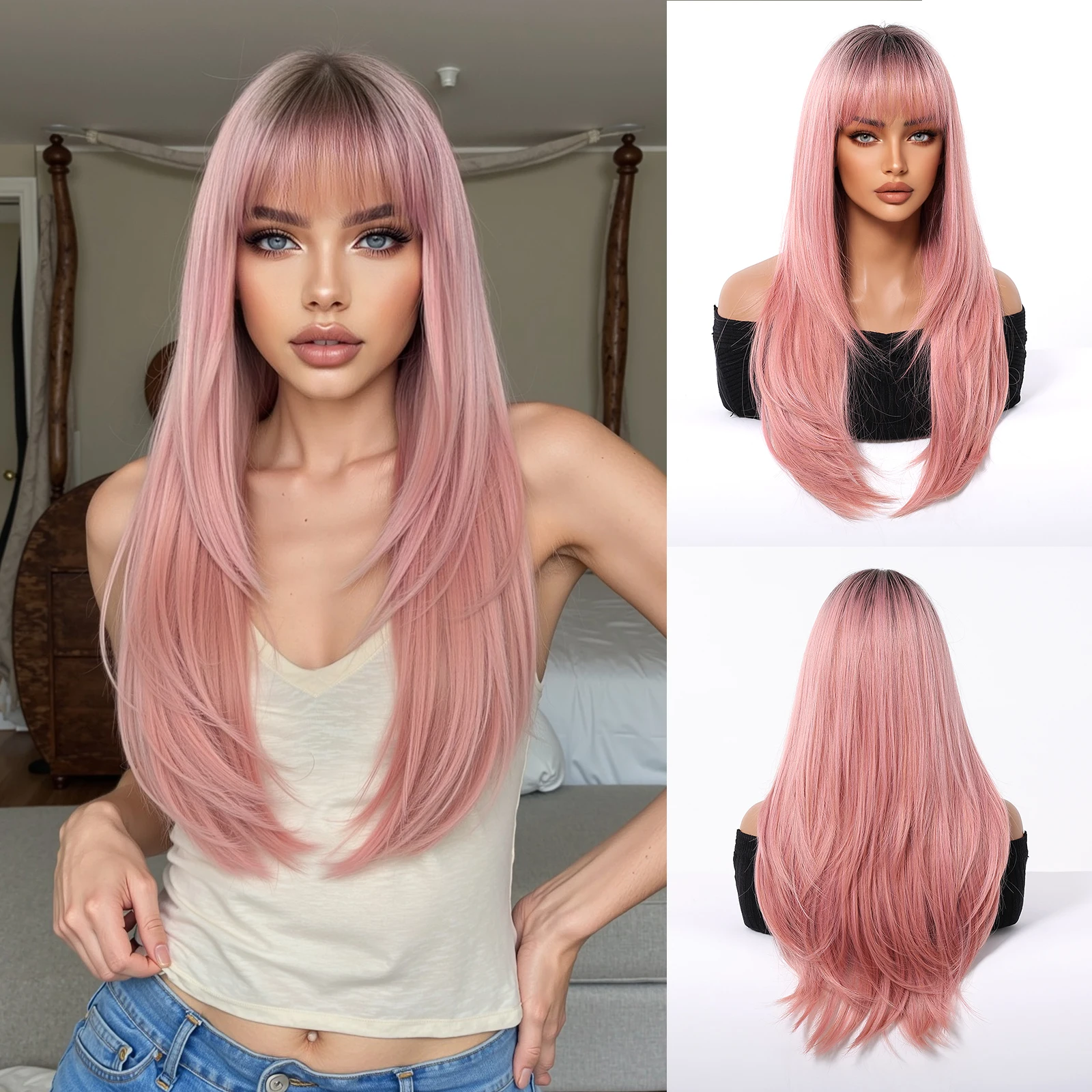 Long Straight Pastel Pink Wig with Bangs for Women Natural Soft Pastel Pink with Dark Roots Synthetic Hair Heat Resistant Fiber
Long Straight Pastel Pink Wig with Bangs for Women Natural Soft Pastel Pink with Dark Roots Synthetic Hair Heat Resistant Fiber
