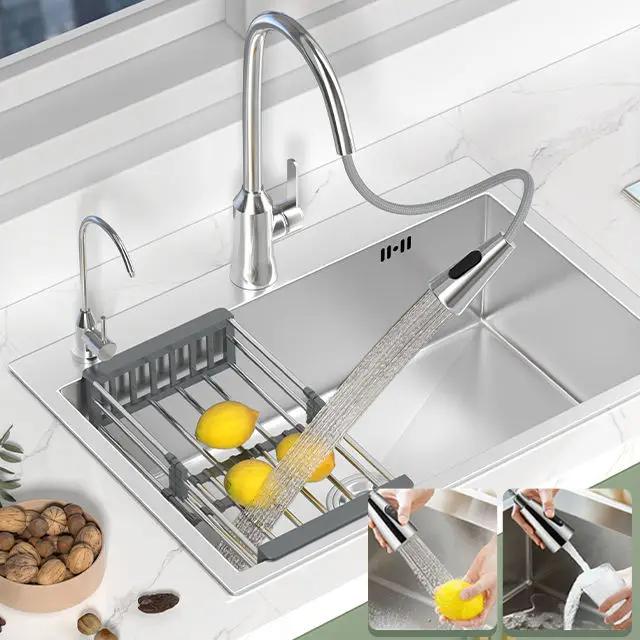 Modern Multifunctional Stainless Steel Kitchen Sink — Brushed Finish Stainless Steel Sink with Strainer Bowl
Modern Multifunctional Stainless Steel Kitchen Sink — Brushed Finish Stainless Steel Sink with Strainer Bowl