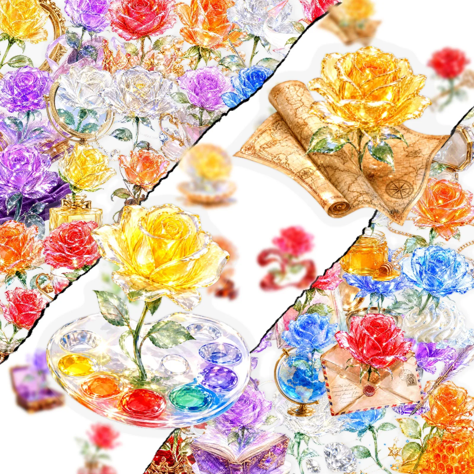 50 Pcs Cartoon Holographic Crystal Rose Transparent PET Stickers Waterproof Multicolor Floral Decals for Helmet Water Bottle
50 Pcs Cartoon Holographic Crystal Rose Transparent PET Stickers Waterproof Multicolor Floral Decals for Helmet Water Bottle