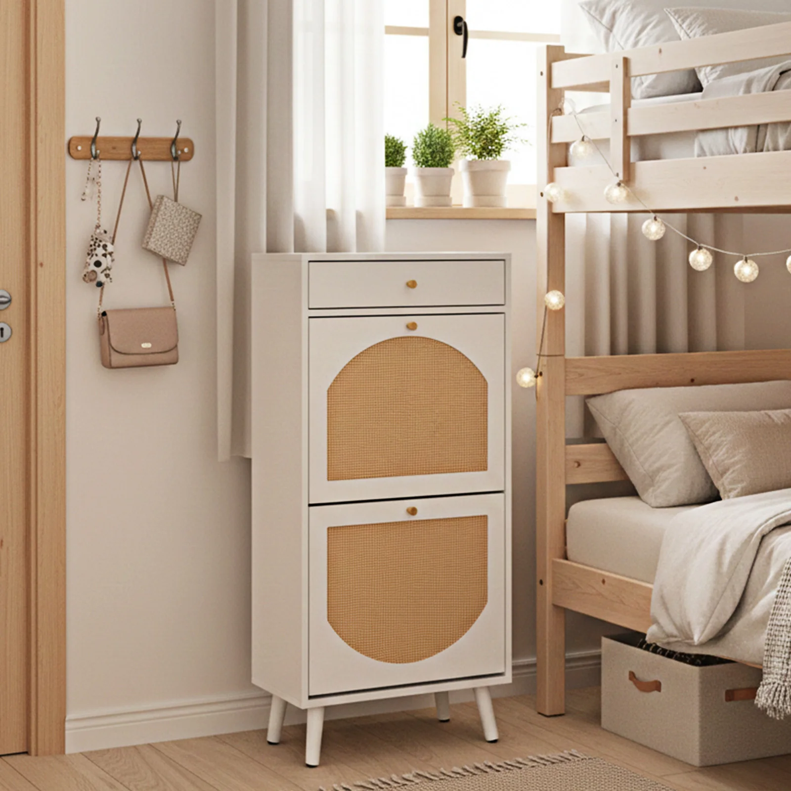 Rattan-front shoe cabinet with 1 drawer and 2 flip-down compartments, particleboard, 54*24*110cm, white
Rattan-front shoe cabinet with 1 drawer and 2 flip-down compartments, particleboard, 54*24*110cm, white