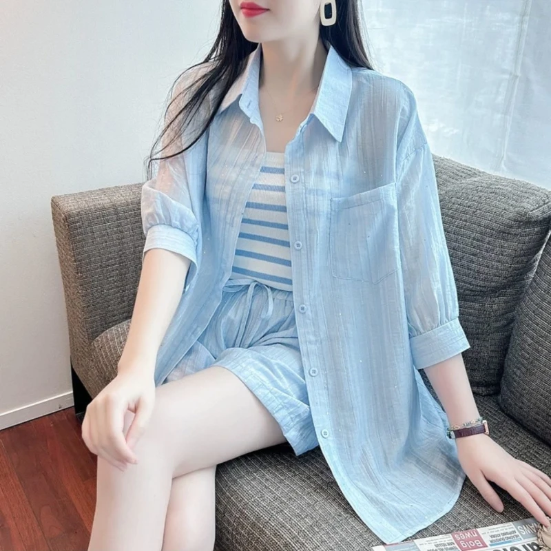 Women's Summer Shirt Shorts Set 2026 Loose Short Sleeve Striped Camisole Lightweight UV Protection Casual Outfit for Hot Weather
Women's Summer Shirt Shorts Set 2026 Loose Short Sleeve Striped Camisole Lightweight UV Protection Casual Outfit for Hot Weather