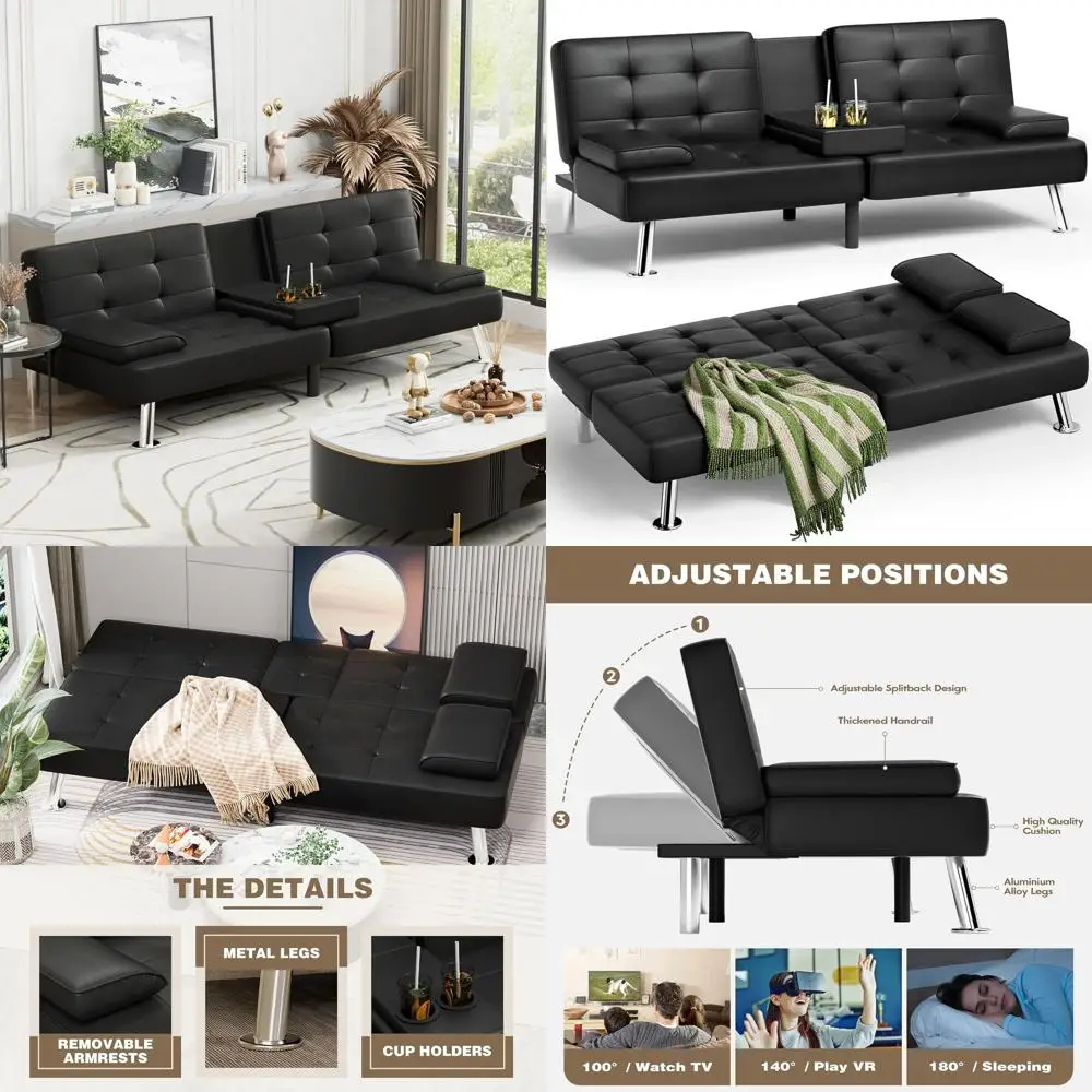 Leather Sofa Bed with Removable Armrests, Adjustable Reclining Sleeper Couch, Dual Cup Holders for Living Room (Black)
Leather Sofa Bed with Removable Armrests, Adjustable Reclining Sleeper Couch, Dual Cup Holders for Living Room (Black)