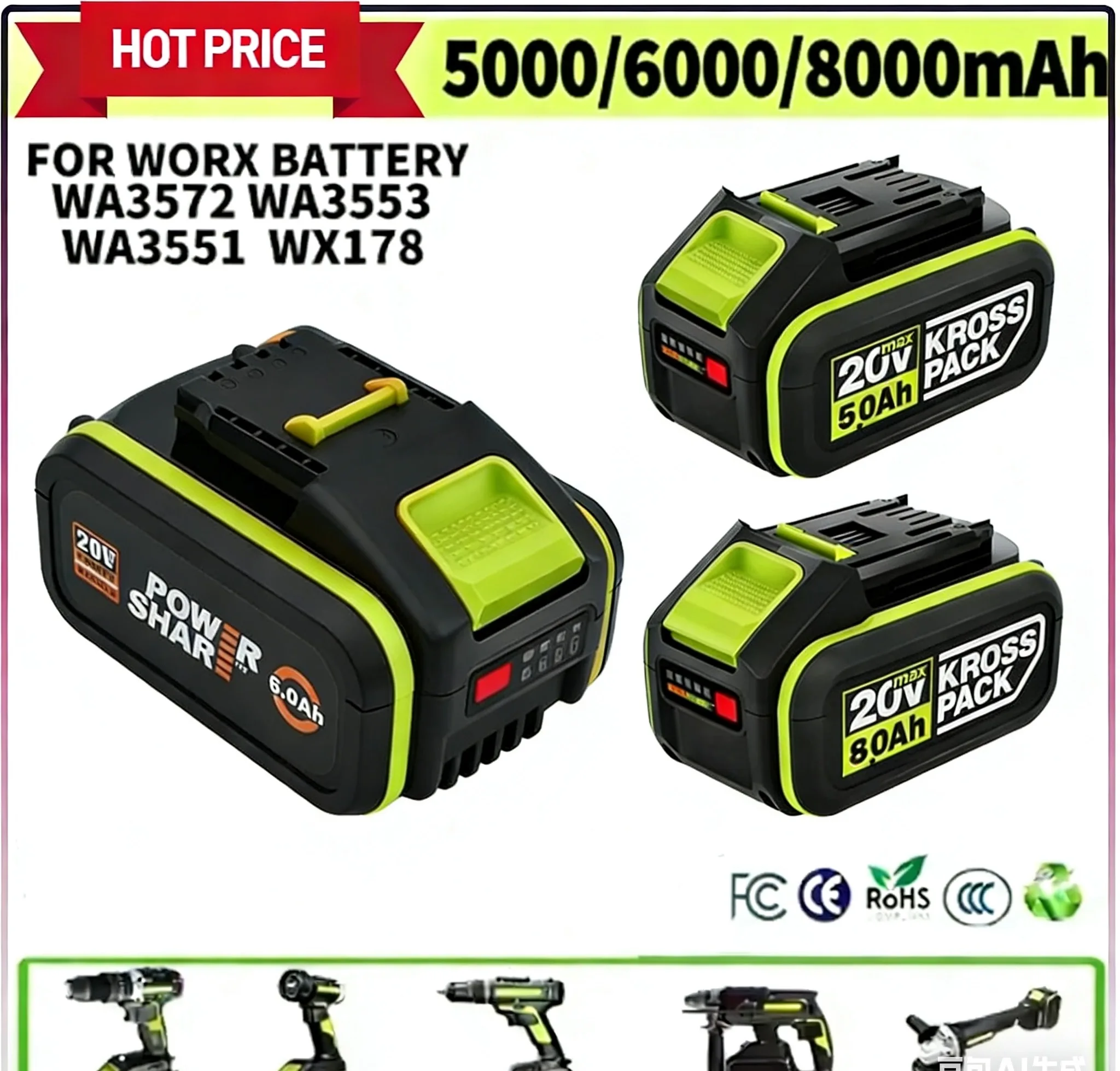For Worx 20V 4000/5000//6000/8000mAh Lithium battery Rechargeable WA3551 WA3553 WA3570 for All WORX Electric and Garden Tools
For Worx 20V 4000/5000//6000/8000mAh Lithium battery Rechargeable WA3551 WA3553 WA3570 for All WORX Electric and Garden Tools