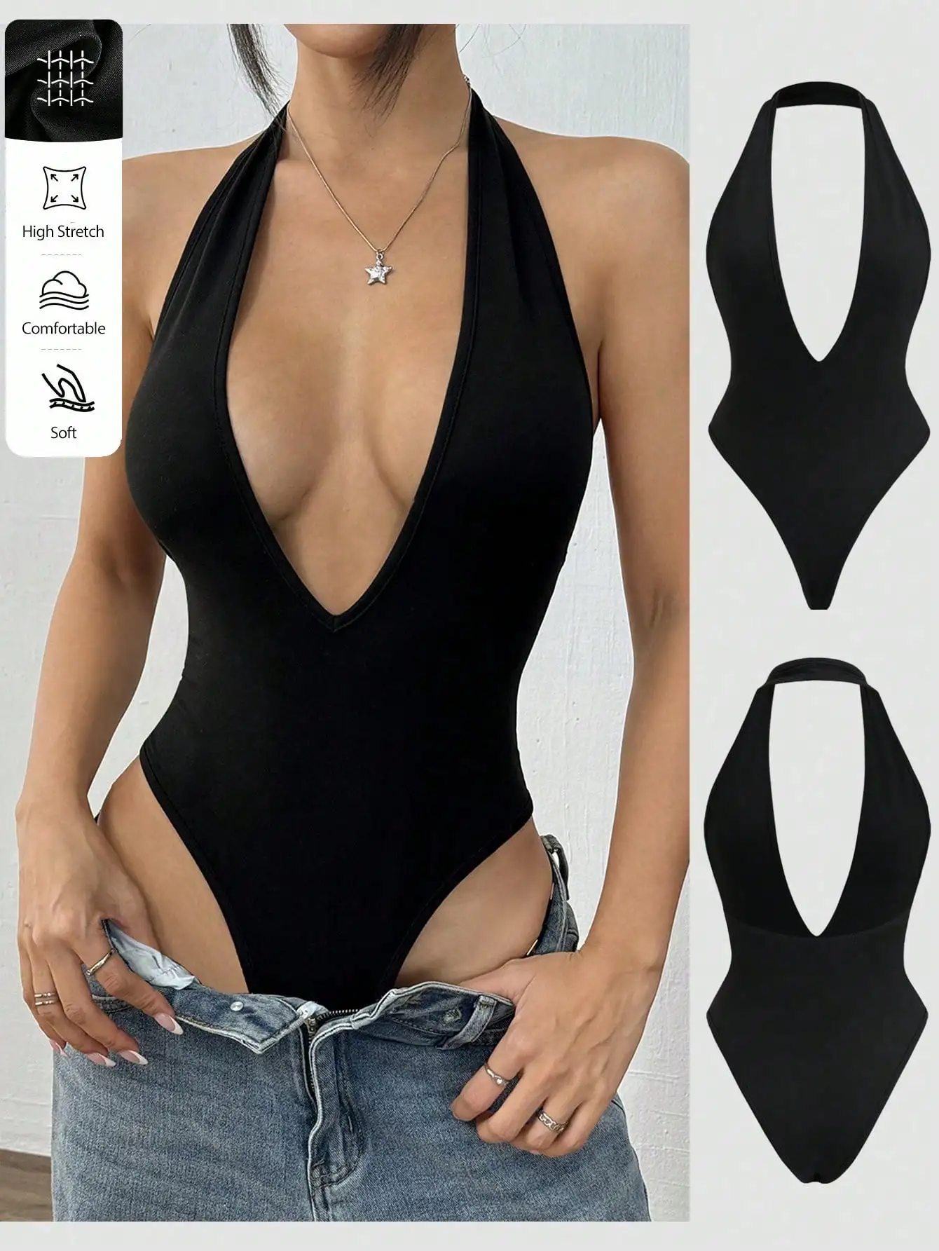 Черное женское боди с глубоким V-образным вырезом и открытой спиной - эластичное, мягкой посадки
Черное женское боди с глубоким V-образным вырезом и открытой спиной - эластичное, мягкой посадки