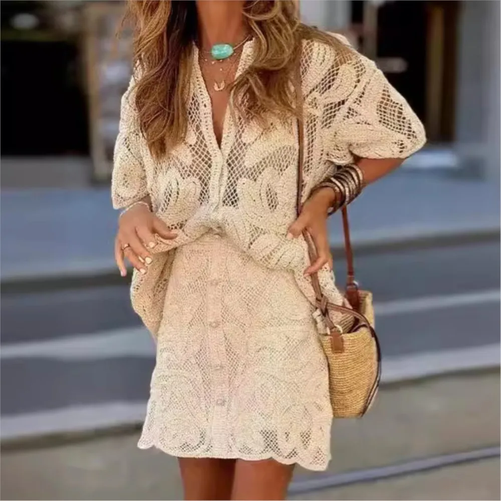 Fashion Comfortable Elegant Skirt Two Piece Set Women Solid Color Hollow Out Flower Short Sleeves Shirt Mini Skirts 2 Piece Sets
Fashion Comfortable Elegant Skirt Two Piece Set Women Solid Color Hollow Out Flower Short Sleeves Shirt Mini Skirts 2 Piece Sets