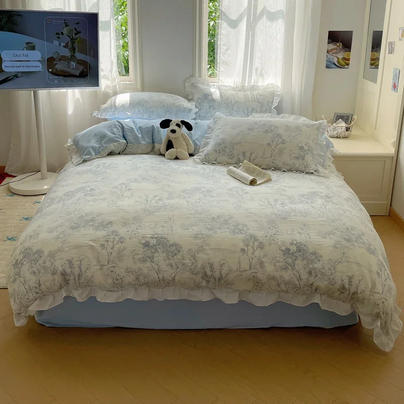 Blue Floral Ruffle Duvet Cover Set Queen Flower Leaf Comforter Covers 4Pcs Soft Luxury Pastoral Garden Washed Cotton Bedding Set
Blue Floral Ruffle Duvet Cover Set Queen Flower Leaf Comforter Covers 4Pcs Soft Luxury Pastoral Garden Washed Cotton Bedding Set