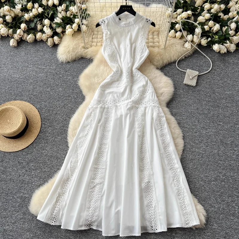 Women's Runway Lace Hollow Out Splice Tank Long Dresses Elegant Stand Collar Sleeveless Summer Holiday Beach Party Dress
Women's Runway Lace Hollow Out Splice Tank Long Dresses Elegant Stand Collar Sleeveless Summer Holiday Beach Party Dress