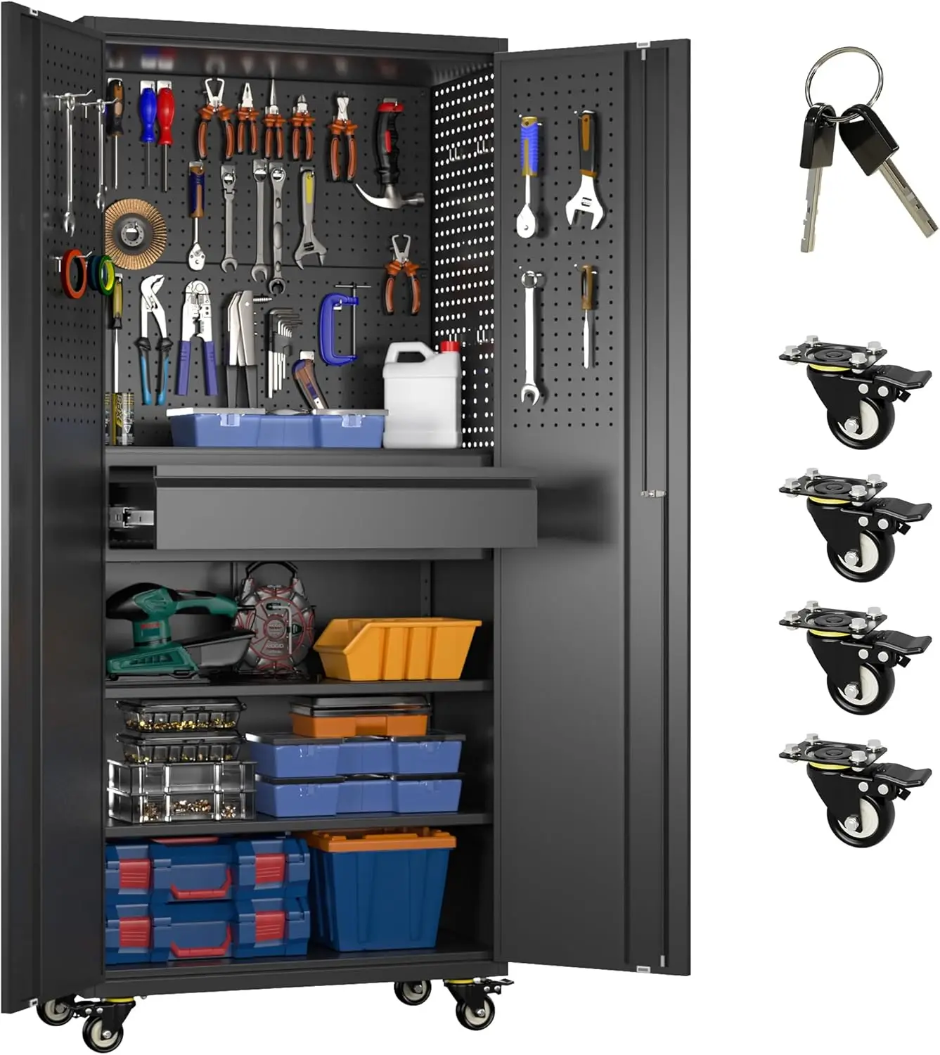 Garage Storage Cabinet with Wheels and Doors,Lockable Metal Storage Cabinet with Drawer Pegboard and
Garage Storage Cabinet with Wheels and Doors,Lockable Metal Storage Cabinet with Drawer Pegboard and