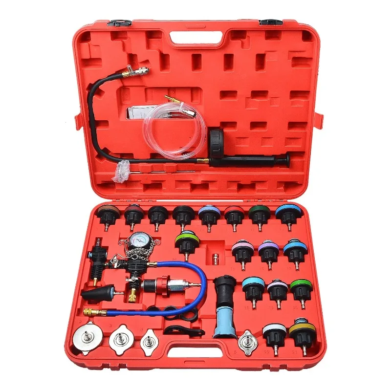 33PCS Universal Automotive Cooling System Leak Test Pneumatic Water Tank Purge Fill Tool Set with Gauge Adapter
33PCS Universal Automotive Cooling System Leak Test Pneumatic Water Tank Purge Fill Tool Set with Gauge Adapter