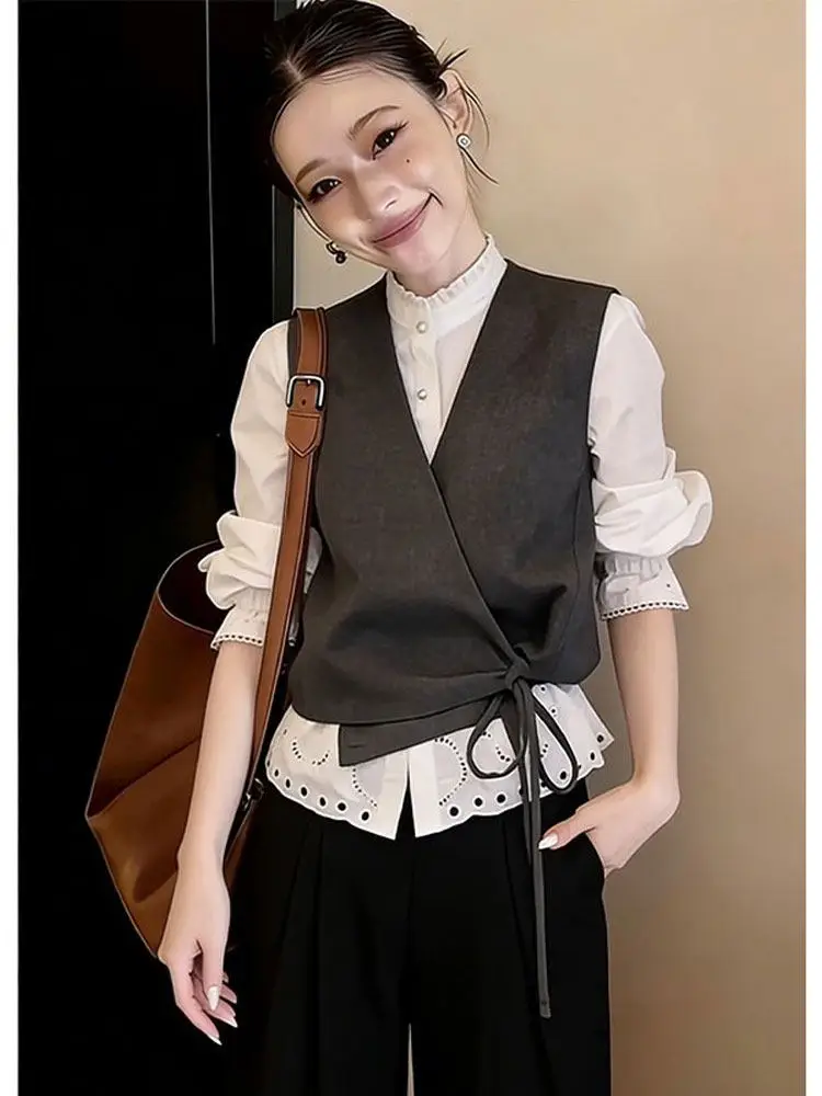 Sweet Style Women's Two-Piece Set Belted Sleeveless Vest Hollow out White Shirt Casual Loose Fit Summer Fashion Ensemble
Sweet Style Women's Two-Piece Set Belted Sleeveless Vest Hollow out White Shirt Casual Loose Fit Summer Fashion Ensemble