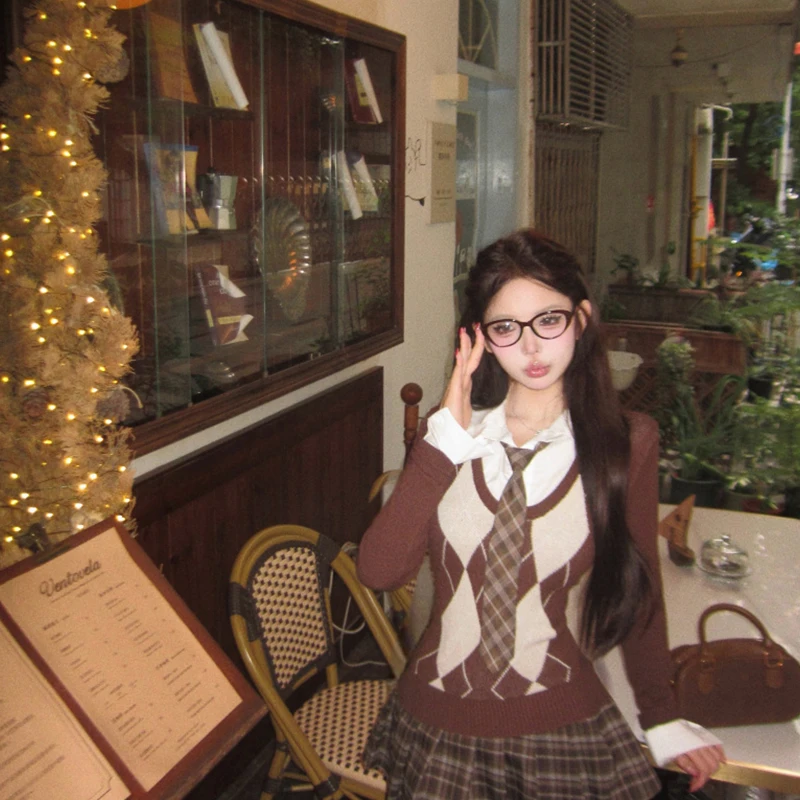 MEXZT Vintage Argyle Sweater Women Harajuku Tie Patchwork Knitted Pullovers Korean Preppy Knitwears Winter Long Sleeve Jumpers
MEXZT Vintage Argyle Sweater Women Harajuku Tie Patchwork Knitted Pullovers Korean Preppy Knitwears Winter Long Sleeve Jumpers