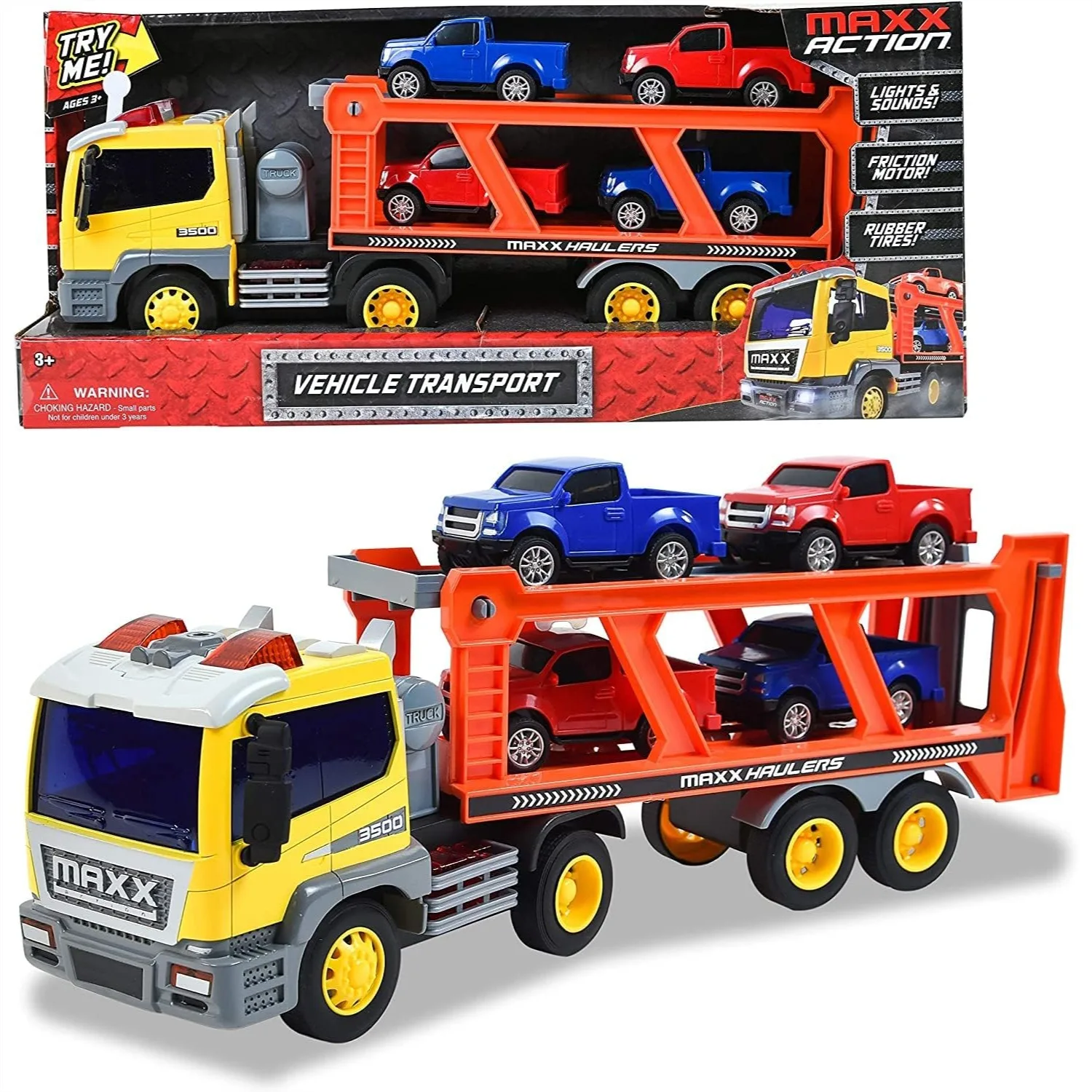 17'' Vehicle Transport with 4 Diecast Trucks, Friction Powered Trailer with LED Lights & Sounds, Toy Playset for Kids
17'' Vehicle Transport with 4 Diecast Trucks, Friction Powered Trailer with LED Lights & Sounds, Toy Playset for Kids