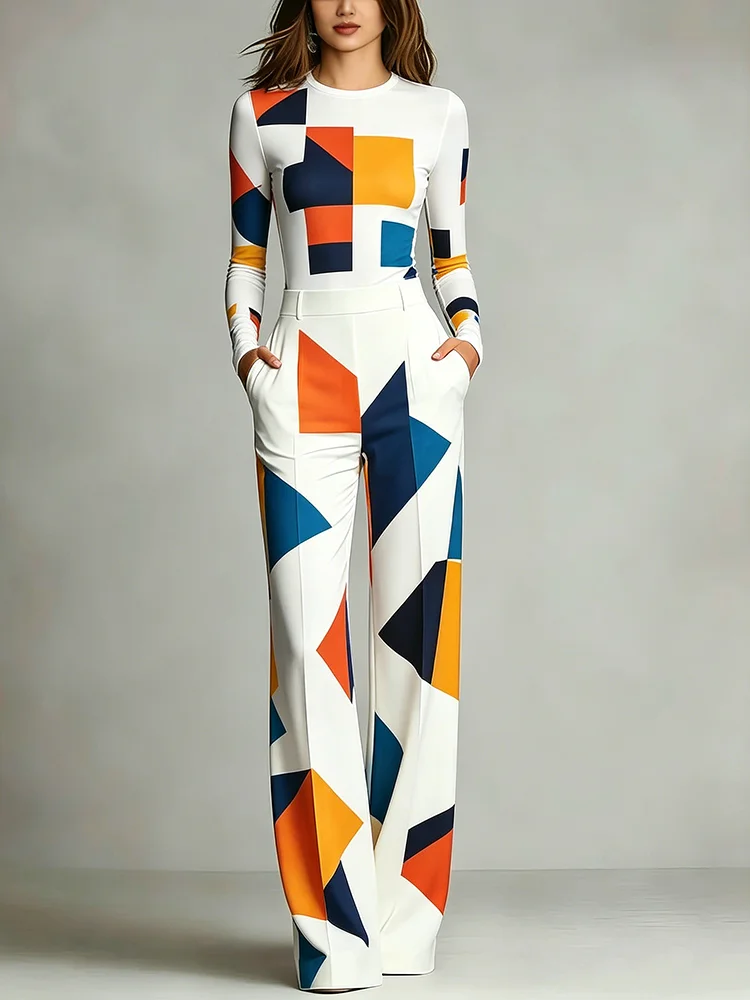 Women's Geometric Print 2 Piece Matching Outfit Fashion Long Sleeve Top & High Waist Pocket Wide Leg Pants For Casual Vacation
Women's Geometric Print 2 Piece Matching Outfit Fashion Long Sleeve Top & High Waist Pocket Wide Leg Pants For Casual Vacation