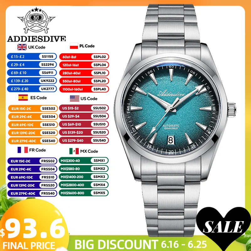 ADDIESDIVE New 39mm Dress Watch Men Bubble Domed Glass Luxury NH35 Automatic Wristwatch Luminous Stainless Steel 100m Waterproof
ADDIESDIVE New 39mm Dress Watch Men Bubble Domed Glass Luxury NH35 Automatic Wristwatch Luminous Stainless Steel 100m Waterproof