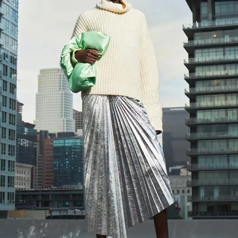 Women Asymmetry Silver pleated skirt high waist fashion midi skirt
Women Asymmetry Silver pleated skirt high waist fashion midi skirt