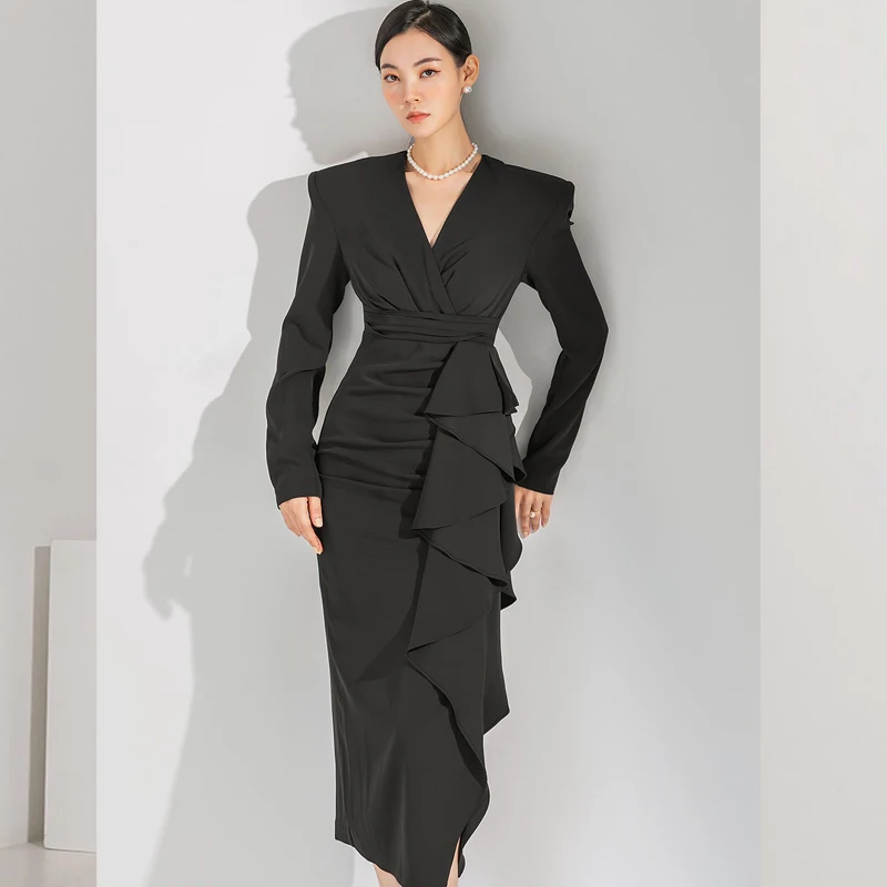 2023 New Spring Autumn Black Office Lady V Neck Full Sleeve Asymmetrical Ruffles High Waist Sheath Party Casual Dresses
2023 New Spring Autumn Black Office Lady V Neck Full Sleeve Asymmetrical Ruffles High Waist Sheath Party Casual Dresses