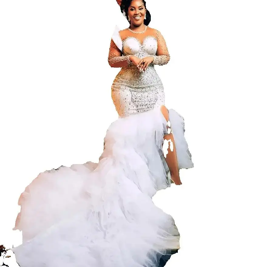Customized Luxurious Heavy Rhinestones Pearls Wedding Dress For Bride Full Sleeves Side Split Tiered Tulle Bridal Gown
Customized Luxurious Heavy Rhinestones Pearls Wedding Dress For Bride Full Sleeves Side Split Tiered Tulle Bridal Gown