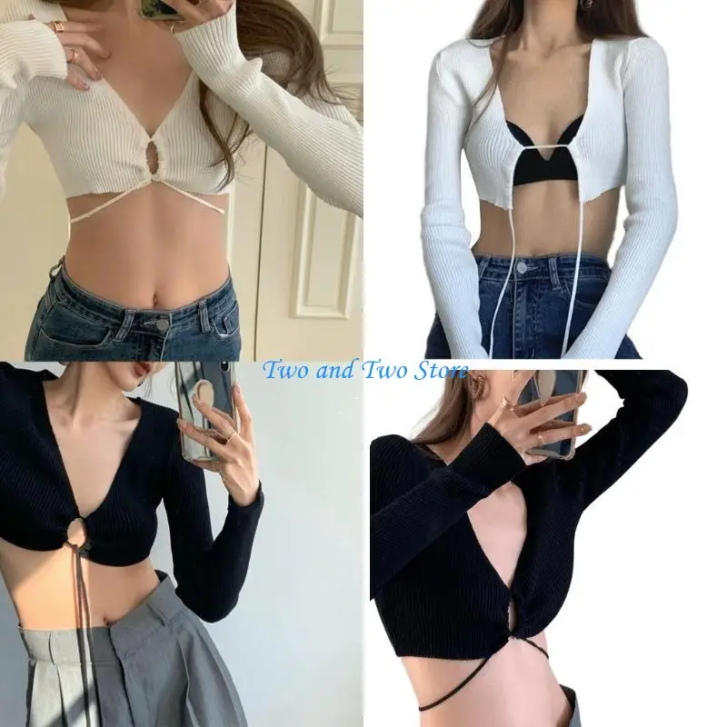 HX6F Women's Front Tie Up Crop Top Shirt Long Sleeve Tieback Knitted Open Front Cardigan V Neck Boleros Cropped Basic Tees
HX6F Women's Front Tie Up Crop Top Shirt Long Sleeve Tieback Knitted Open Front Cardigan V Neck Boleros Cropped Basic Tees