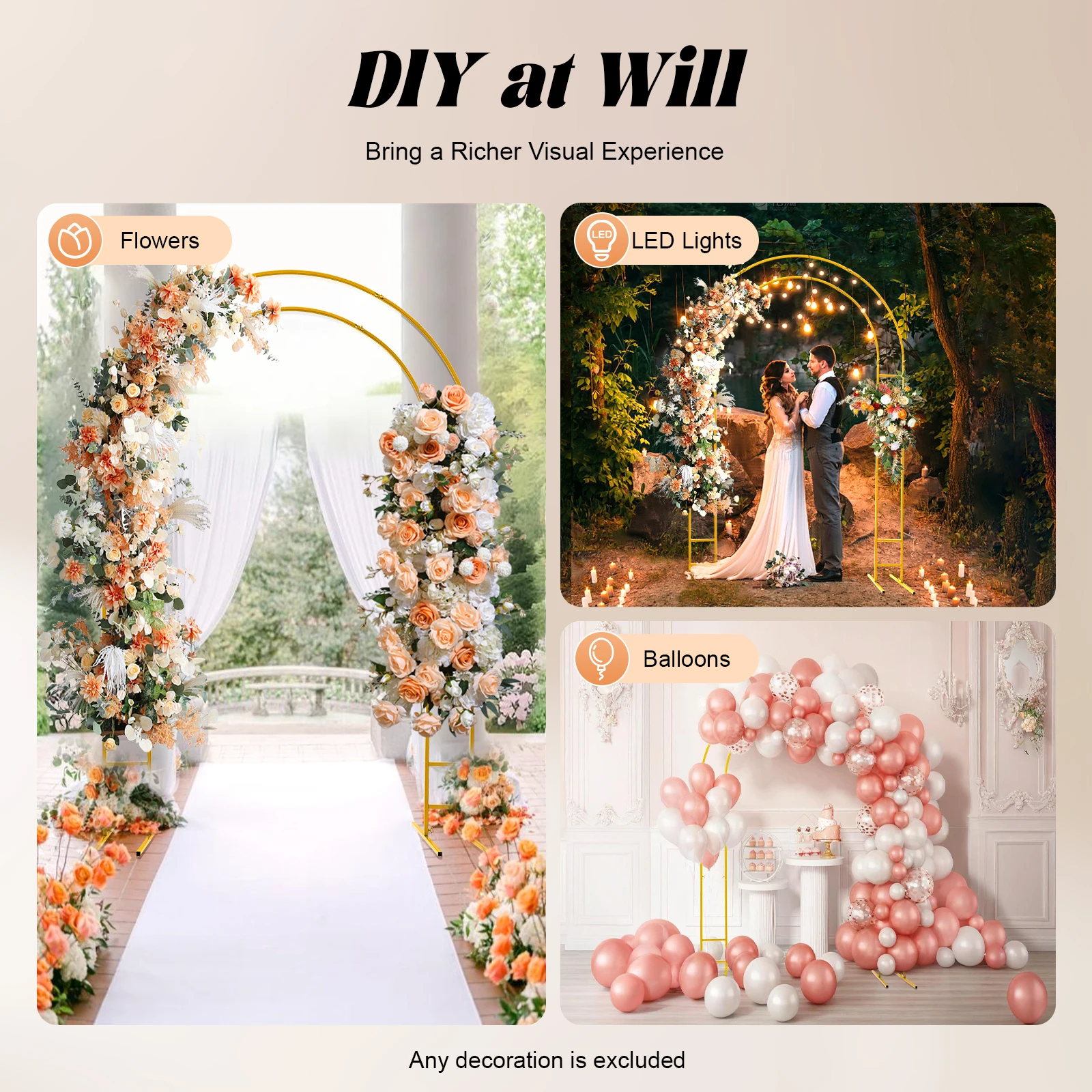 7.2ft Garden Arch With Base,Metal Climbing Plants,Gold Wedding Arch 150×220cm Wide for Indoor Outdoor Party Decoration
7.2ft Garden Arch With Base,Metal Climbing Plants,Gold Wedding Arch 150×220cm Wide for Indoor Outdoor Party Decoration