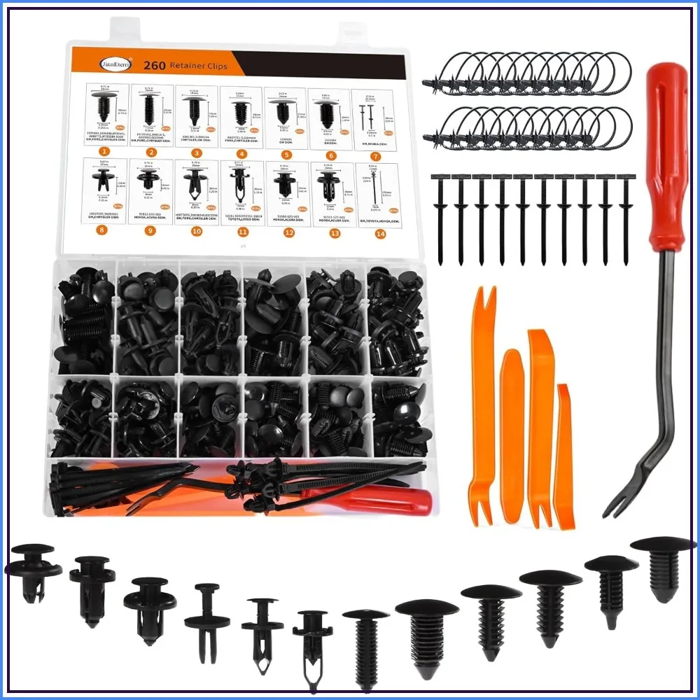 260PCS Car Bumper Retainer Clips Kit, Auto Plastic Rivets & Push Fasteners Set, Most Popular Sizes for Door Trim, Panel, Fender
260PCS Car Bumper Retainer Clips Kit, Auto Plastic Rivets & Push Fasteners Set, Most Popular Sizes for Door Trim, Panel, Fender