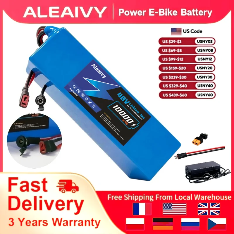 Brand+Genuine Aleaivy 48V 10Ah 10000mAh 18650 13S4P Lithium battery With 30A BMS 500-1000W For 48V E-Scooter Li-ion Battery Pack
Brand+Genuine Aleaivy 48V 10Ah 10000mAh 18650 13S4P Lithium battery With 30A BMS 500-1000W For 48V E-Scooter Li-ion Battery Pack