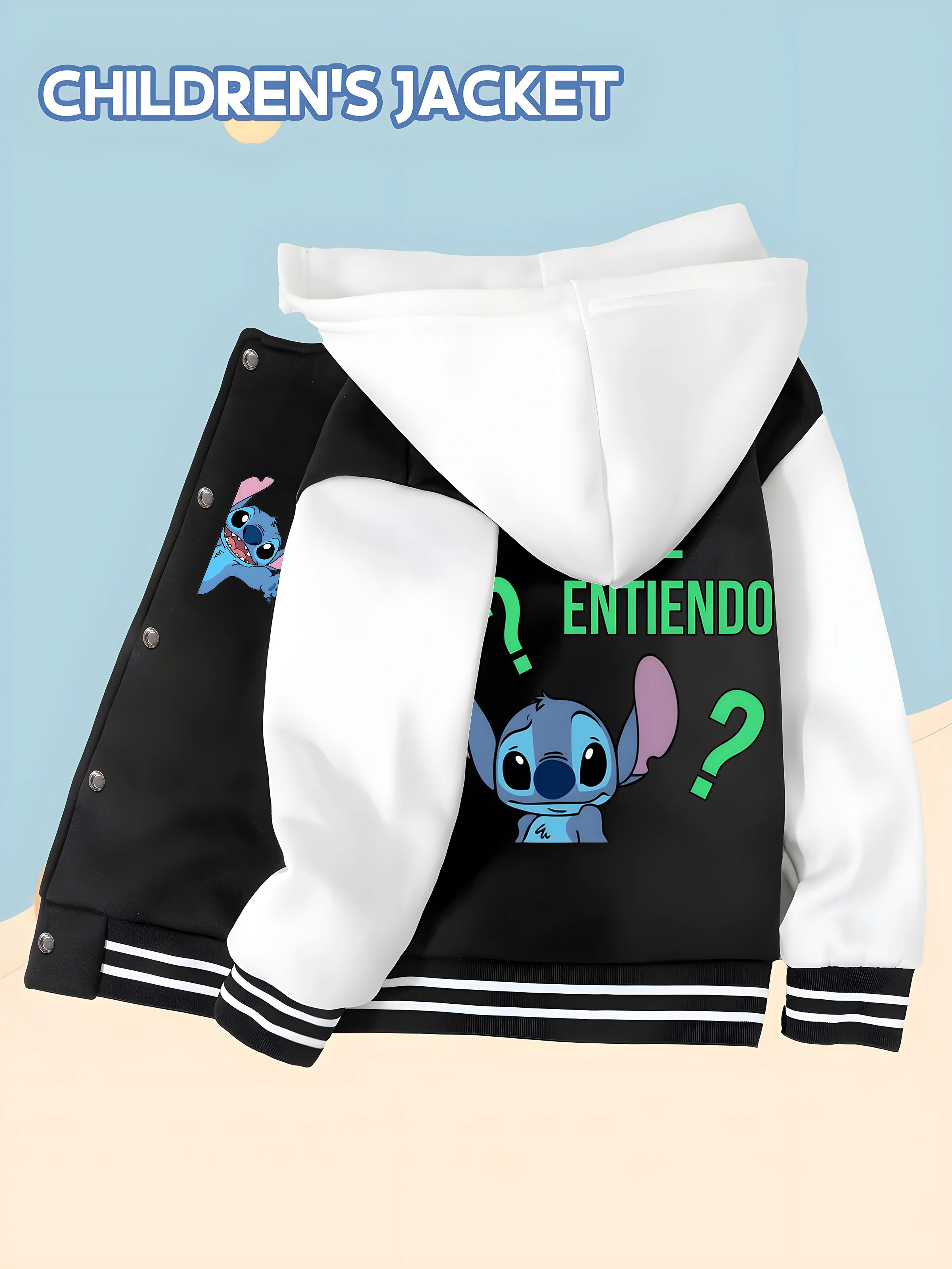 MINISO Disney Stitch Baseball Jacket for Boys-Double-sided Spanish print with funny Stitch, perfect for school and creative wear
MINISO Disney Stitch Baseball Jacket for Boys-Double-sided Spanish print with funny Stitch, perfect for school and creative wear