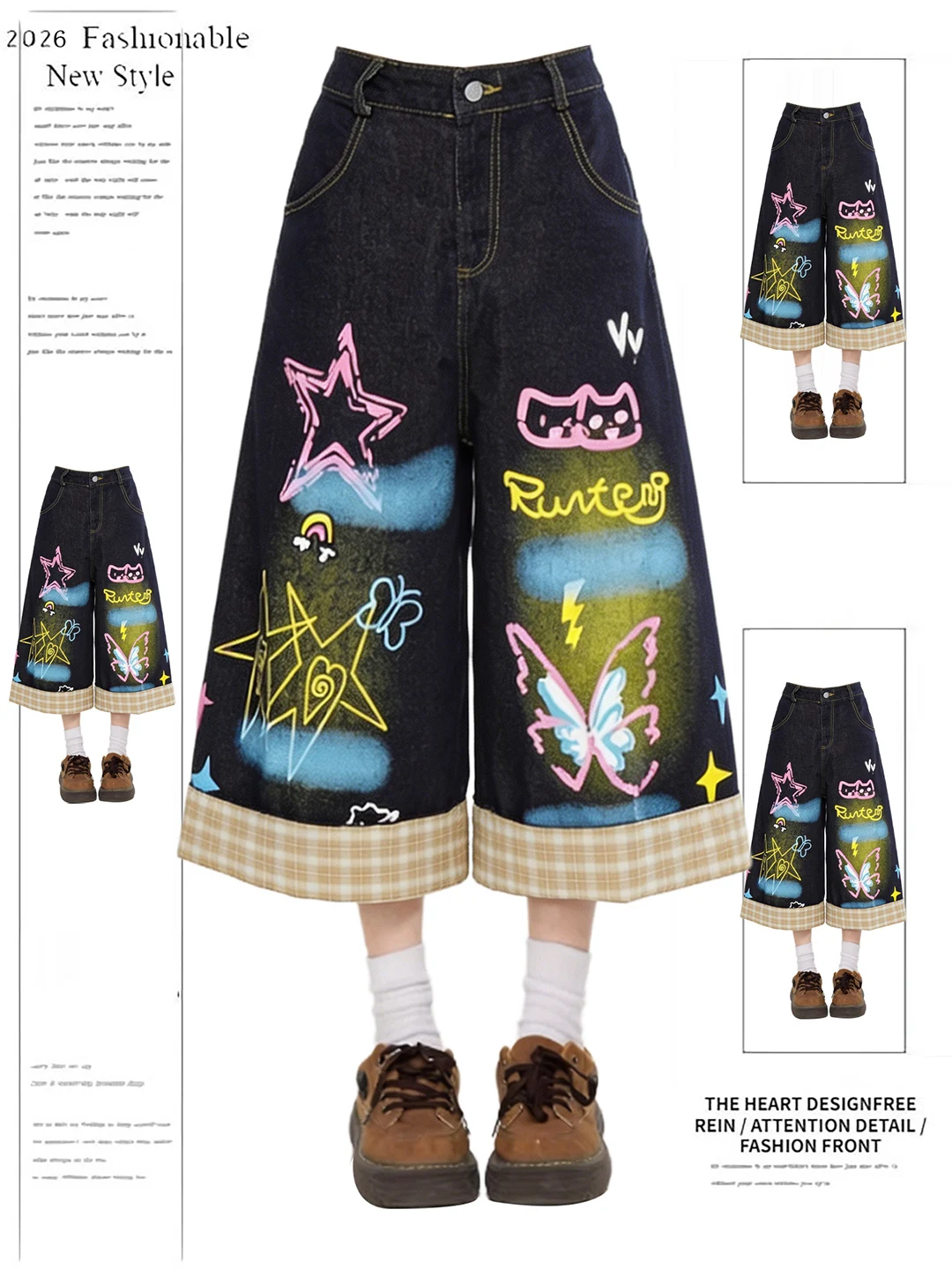 Retro American Graffiti Print Wide Leg Seven-Foot Pants Women Summer Loose Straight Casual Shorts High Waist Denim Fabric
Retro American Graffiti Print Wide Leg Seven-Foot Pants Women Summer Loose Straight Casual Shorts High Waist Denim Fabric
