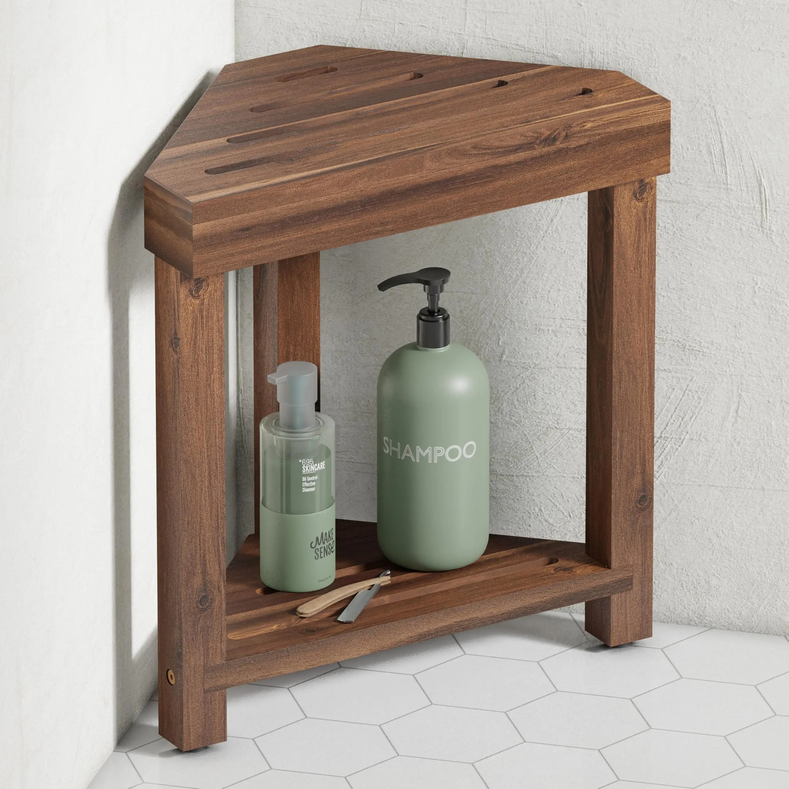Acacia Wood Corner Shower Stool With Built-In Shelf, Waterproof Bath Seat For Small Showers, 16.4 Inch Foot Rest
Acacia Wood Corner Shower Stool With Built-In Shelf, Waterproof Bath Seat For Small Showers, 16.4 Inch Foot Rest