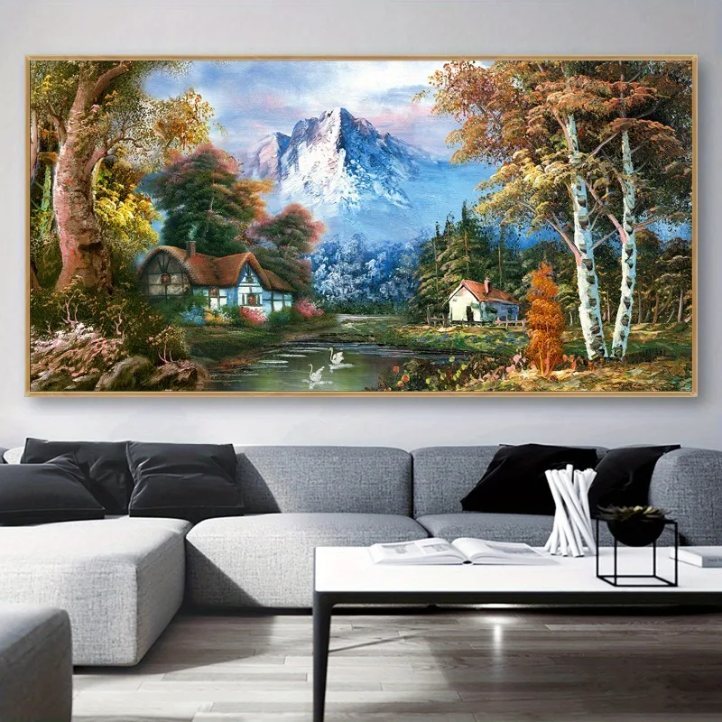 Autumnal Landscape Painting Style Unframed Canvas Poster with Quaint Houses & Snow-Capped Mountains Home Artistic Wall Decor 
Autumnal Landscape Painting Style Unframed Canvas Poster with Quaint Houses & Snow-Capped Mountains Home Artistic Wall Decor