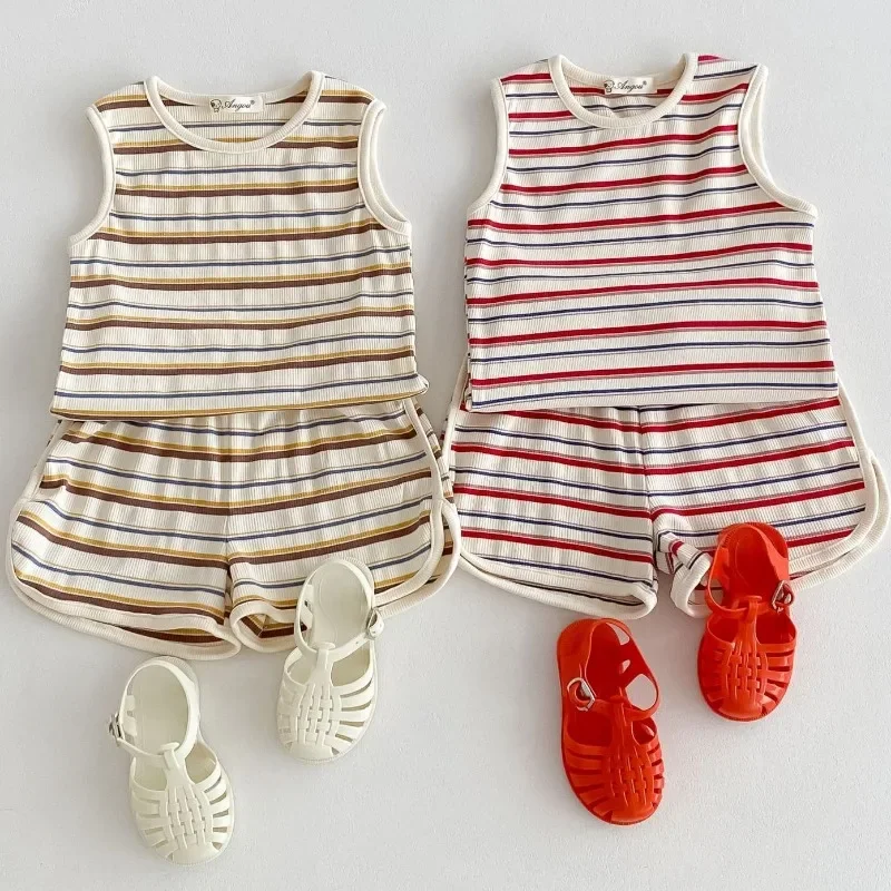 Summer Baby Boy Girl Striped Outfit Clothes Sets Kids Cotton Vest Tops + Ribbed Shorts Children Sleeveless Casual Clothing Suits
Summer Baby Boy Girl Striped Outfit Clothes Sets Kids Cotton Vest Tops + Ribbed Shorts Children Sleeveless Casual Clothing Suits