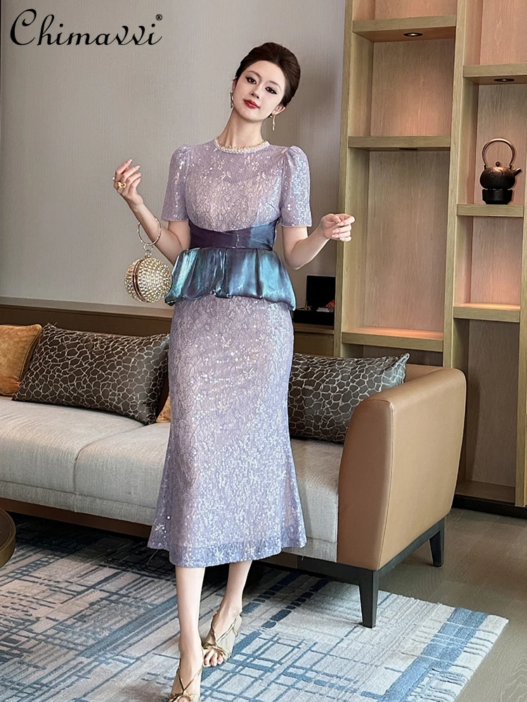 French Elegant Temperament Purple Dresses Round Neck Puff Sleeve Sequined Splicing High Waist Hip-wrapped Long Party Dress Women
French Elegant Temperament Purple Dresses Round Neck Puff Sleeve Sequined Splicing High Waist Hip-wrapped Long Party Dress Women
