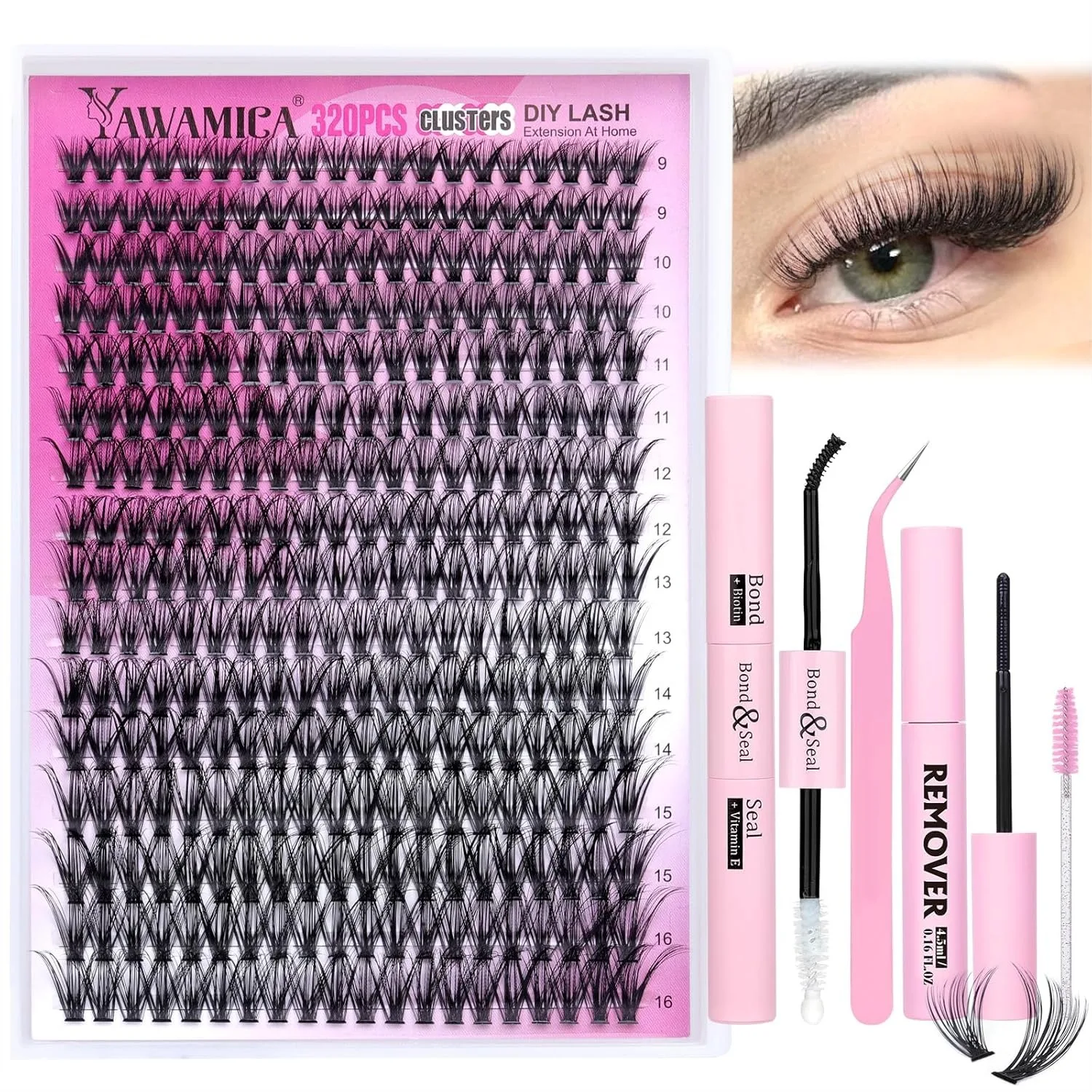 Lash Clusters Kit 320pcs D Curly 9-16mm 40D Individual Lashes Wispy Lash Extension Kit with Bond and Seal, Remover, Applicator
Lash Clusters Kit 320pcs D Curly 9-16mm 40D Individual Lashes Wispy Lash Extension Kit with Bond and Seal, Remover, Applicator