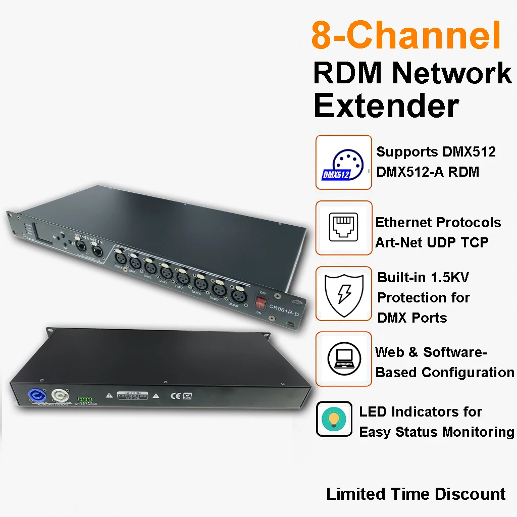 8-Port RDM DMX512 Network Expander Art-Net UDP TCP Support for Stage Lighting DMX Splitter 10/100Mbps RJ45 LCD Display
8-Port RDM DMX512 Network Expander Art-Net UDP TCP Support for Stage Lighting DMX Splitter 10/100Mbps RJ45 LCD Display